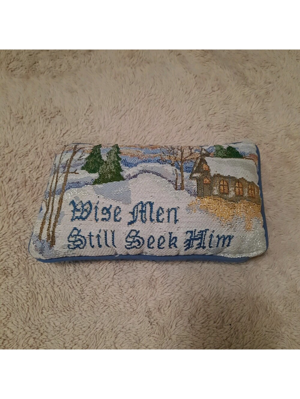 Vtg Tapestry Blue Rectangle Accent Pillow 11x6.5" Wise Men Religious